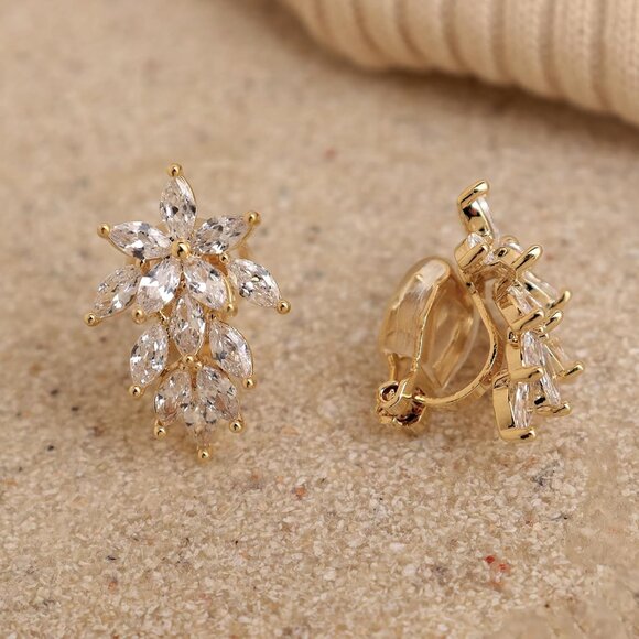 Elegant Gold Leaf Cluster Study Earrings for Women, Hypoallergenic Cubic Zirconi - Picture 4 of 7
